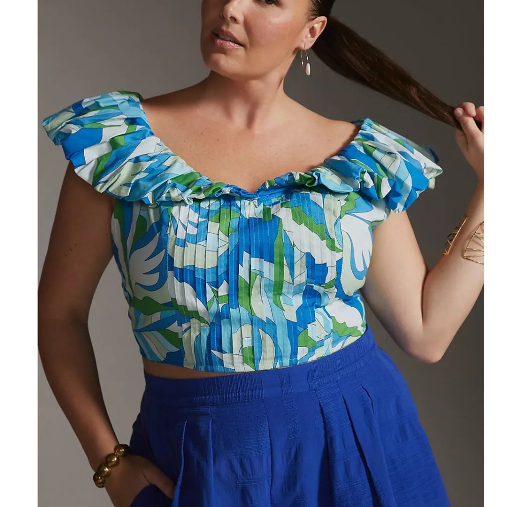 Anthropologie Maeve Puff-Sleeve Cropped Blouse Blue Floral Print - 2X Plus